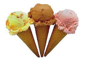3 flavoured ice cream cones