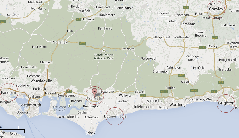 Map of Sussex, Hampshire and Surrey